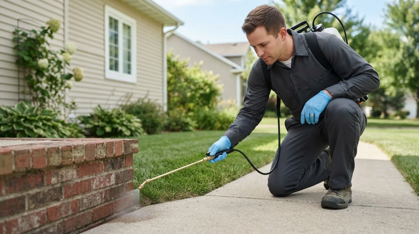 Pest control technician treating a home near Poynor, TX
